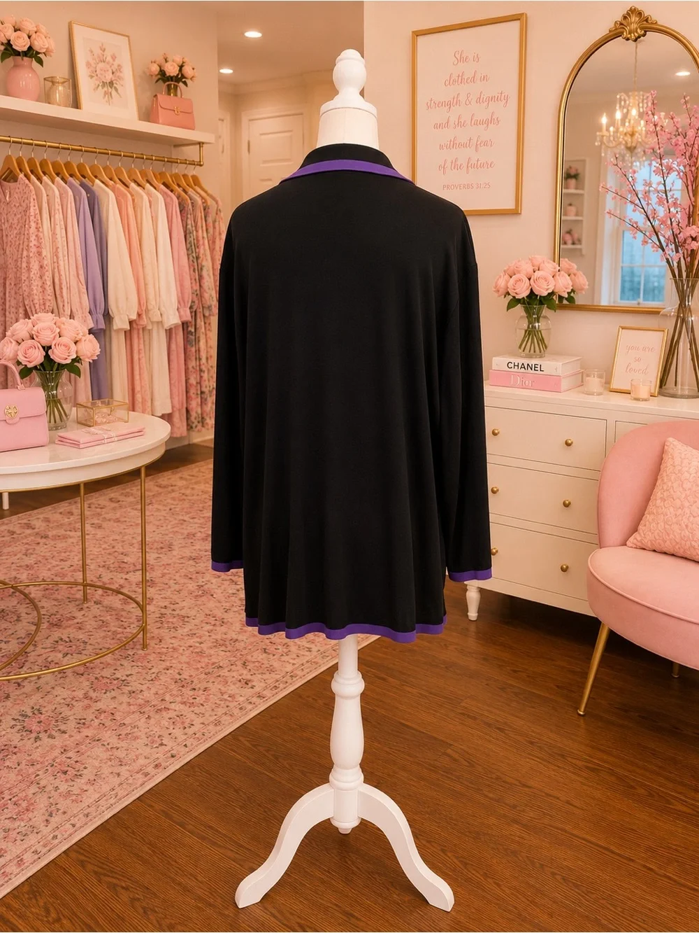 Misook 2 Piece 3X Black Purple Trim Stretch Knit Cardigan Tank Set Career Chic